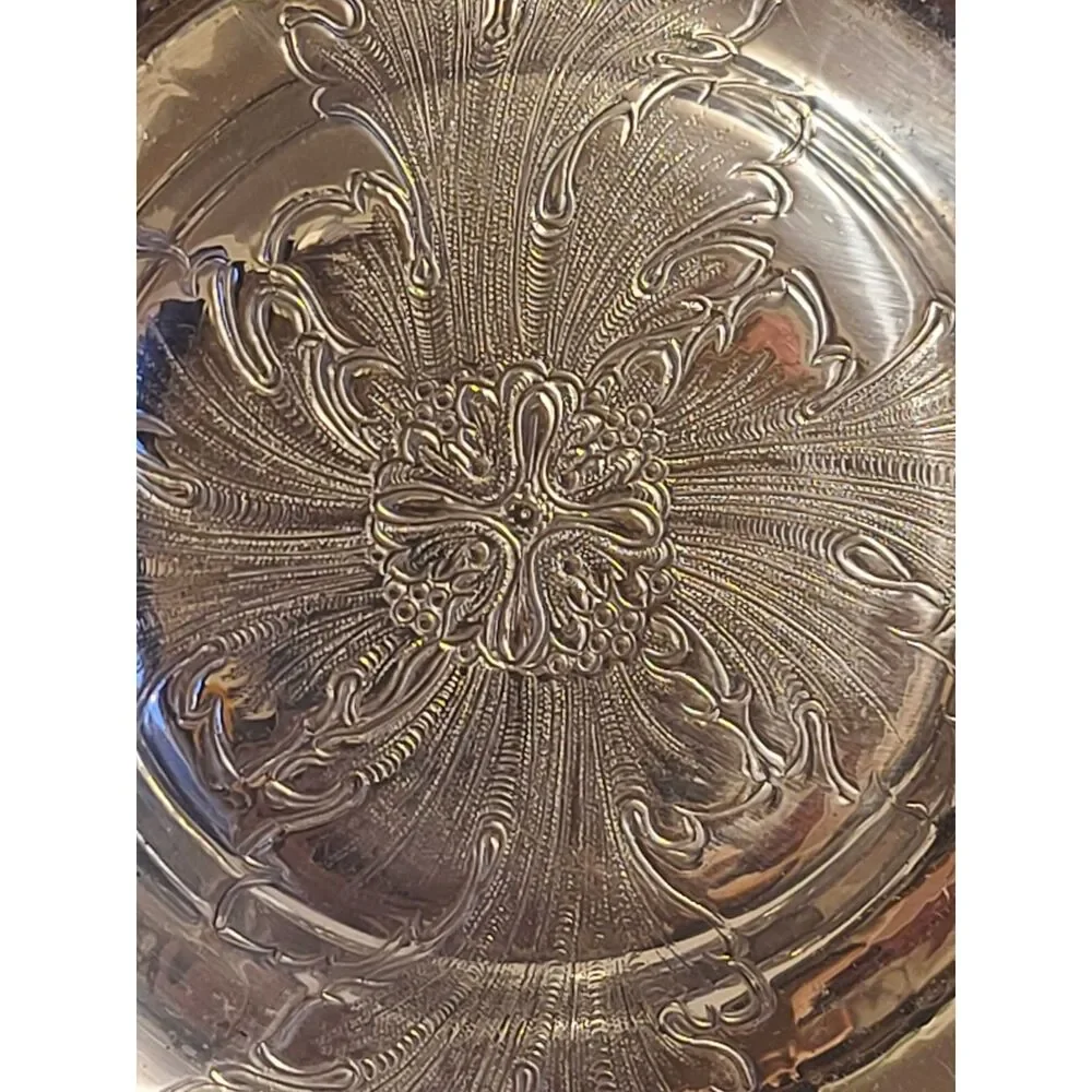 Floral Repousse Vintage Aluminum Serving Bowl Scalloped Beaded Edge Ball Handles
